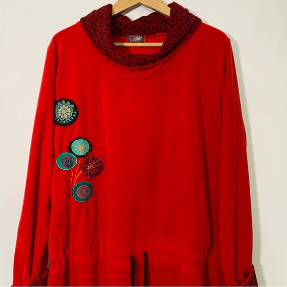 Coline Fine Velvet Dress XXL Red Embroidered Bohemian Draped Neckline Feminine - Picture 3 of 11